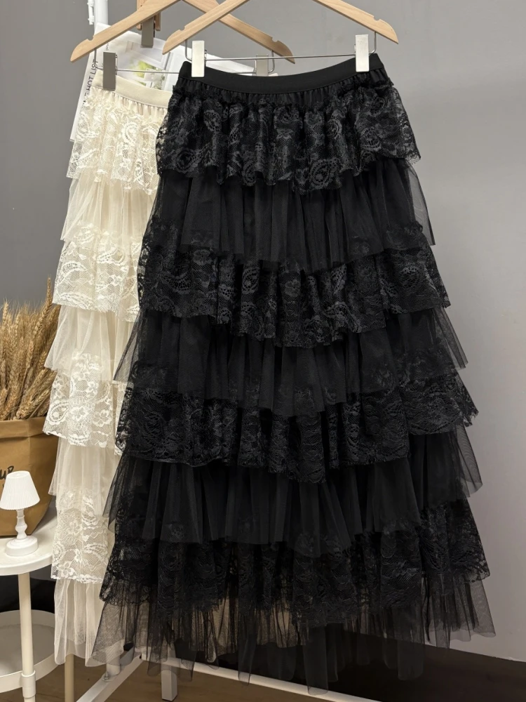 Maxi Long Skirt Women Crochet Lace Skirt 2025 Goth Lolita Spring Summer High Waisted High Low Ruched Ruffle Pleated Skirts rok