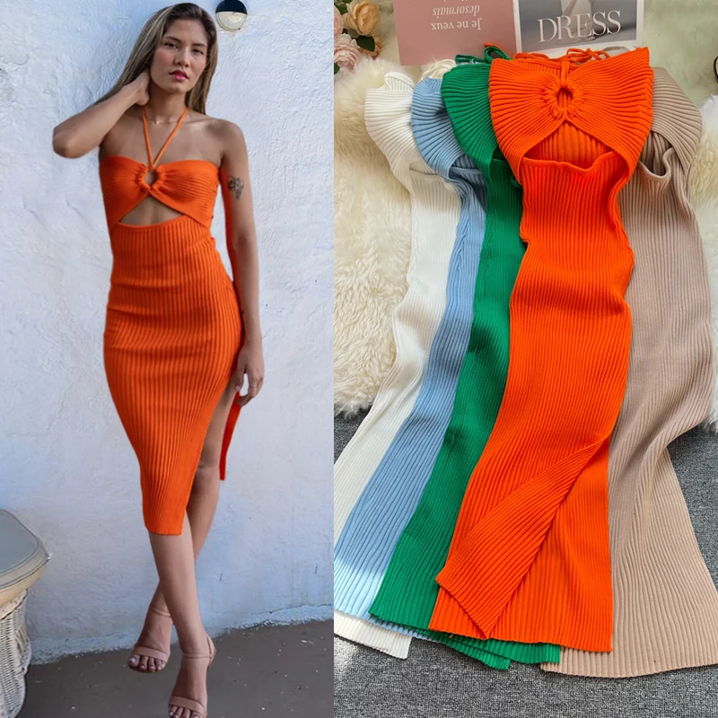 YuooMuoo Frauen Kleid 2025, Sommer Dünne Elastische Wrap Hüften Split Gestrickte Lange Kleid Urlaub Stil Dame Halter Strand Kleid Vestidos