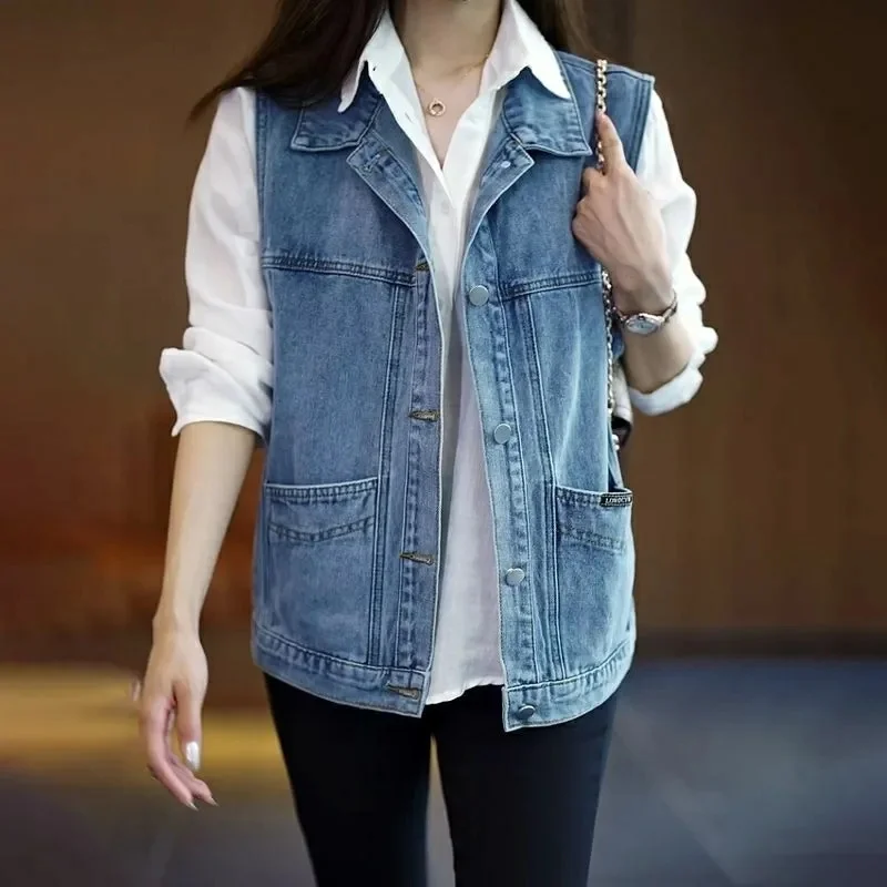 2024 Female Workwear Cowboy Vest Coat Autumn Women Cardigan Pocket Horse Clip Jacket Ladies Solid Color Sleeveless Denim Outwear