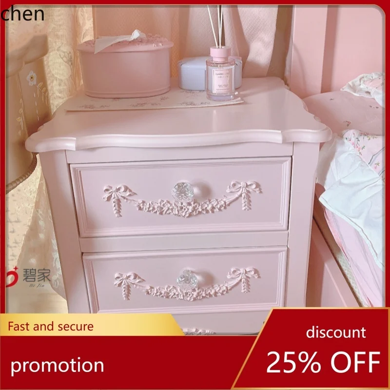 HT Carved Princess Style Solid Wood Bedside Cabinet Dopamine Girl Heart Bedroom Storage Cabinet Bedside Cabinet