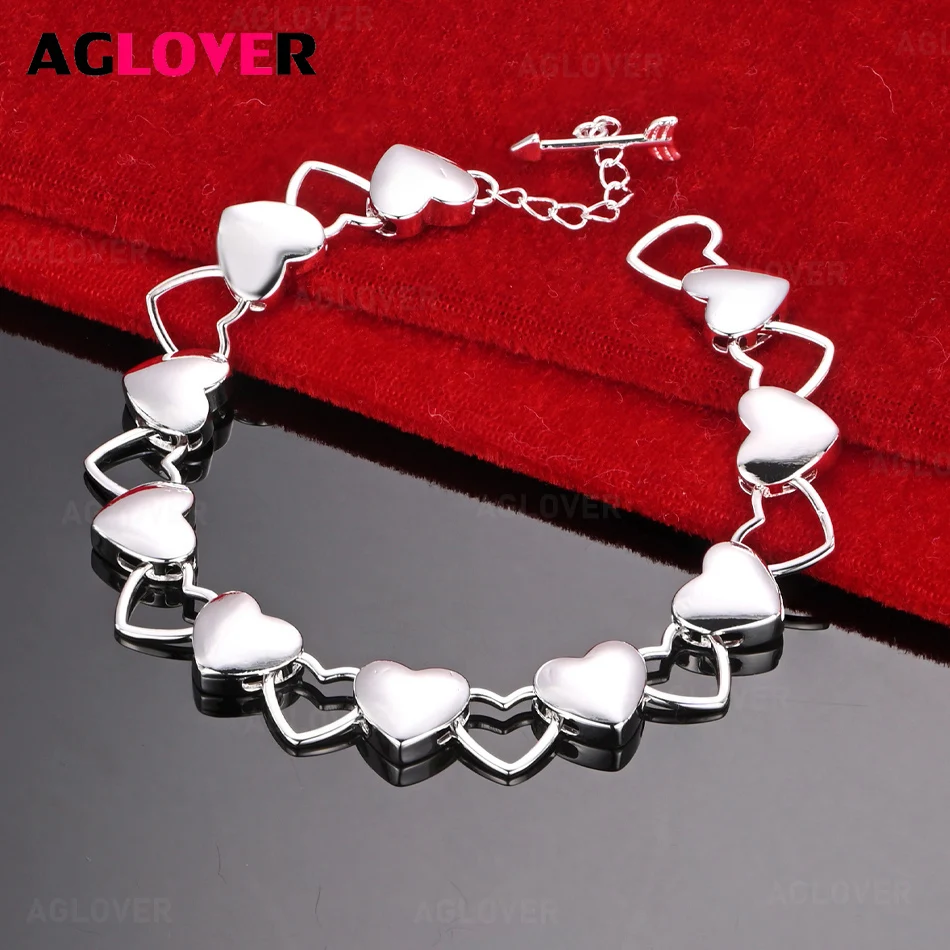 

AGLOVER 925 Sterling Silver Love Heart Bracelet Cute Fashion Women Gift Jewelry
