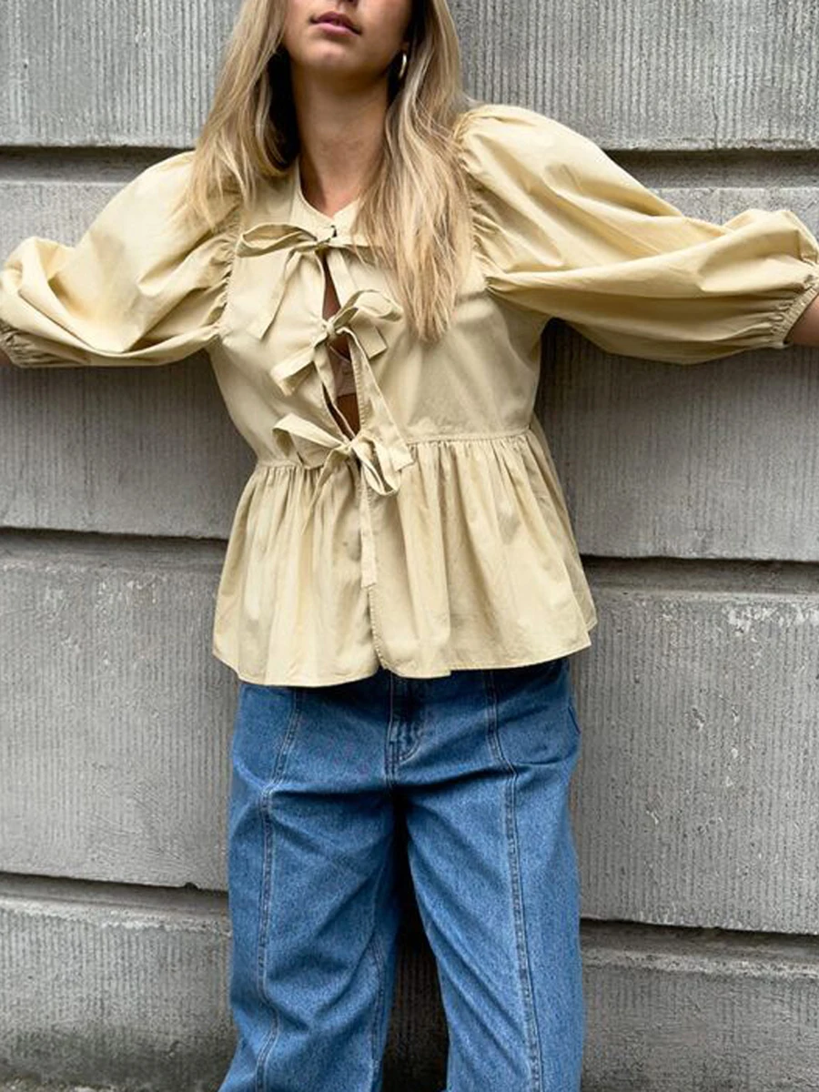 

Women Bubble Sleeve Shirts Solid Color Tie-Up Front Fashion Blouses Summer Casual Tops Streetwear