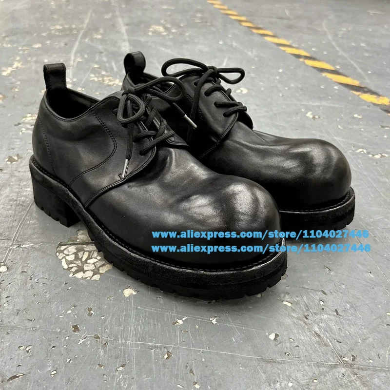 

Black Cowhide Derby Leather Shoes Men's Leather Shoes Thick-Soled Single Vintage Handmade Casual Flat British Style Shoes