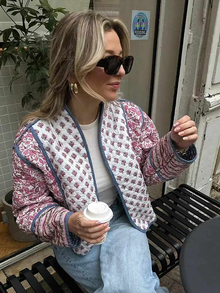 

Women Elegant Printing Reversible Cotton Coat chic Splicing V-neck Quilted Jacket 2024 Autumn Winter Lady Warm Casual Cardigan