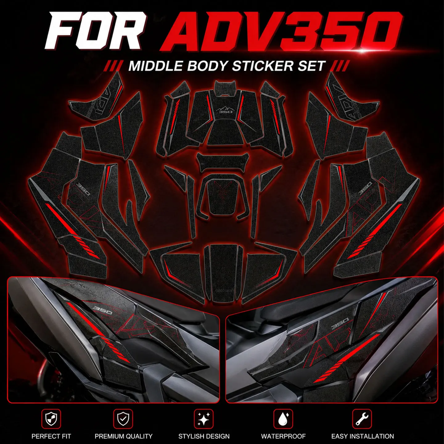 For Honda ADV 350 Thick Matte Sticker Set Middle Body Decal Kit Black Red Graphic  UV Resistant Scooter Mod Accessories
