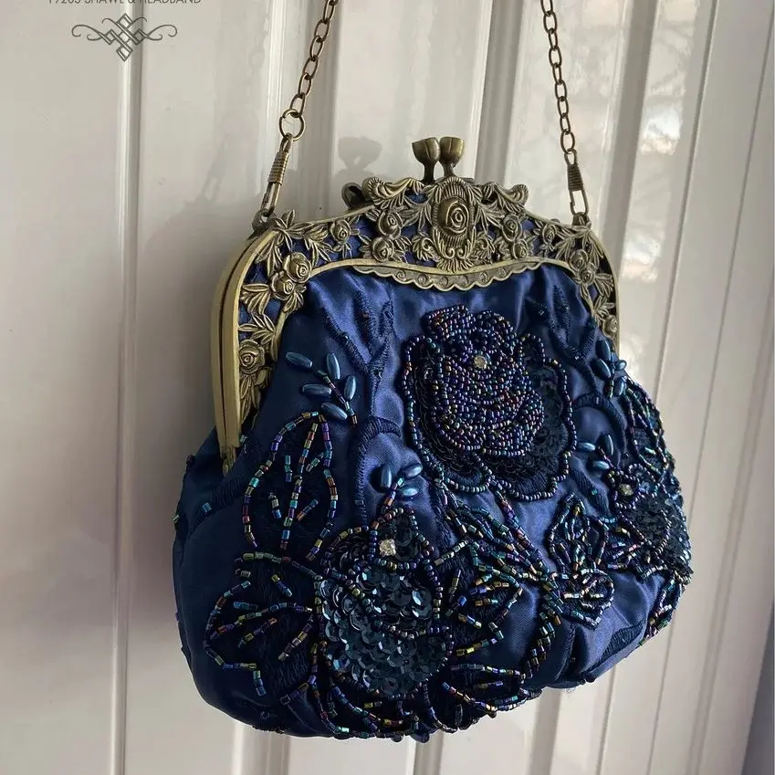 Lost in-Bolso de mano Vintage con diseño de cuentas, cartera de mano con diseño de rosas doradas y cadena desmontable para el hombro, para fiesta