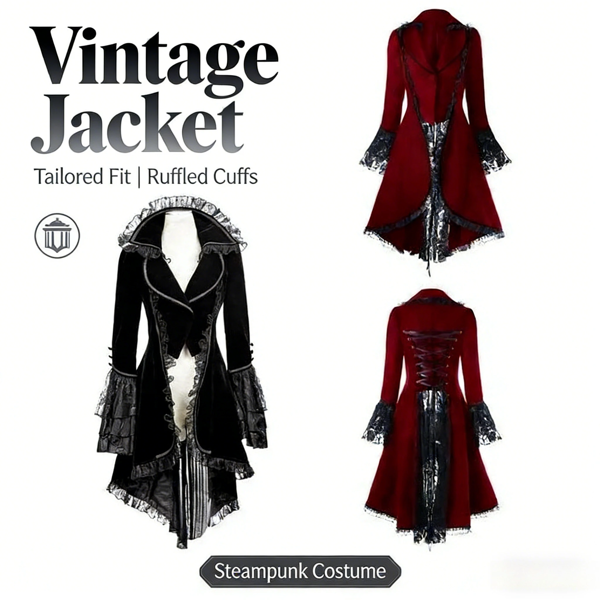 Women's Gothic Jacket Bandage Farlace Jacket Women's Winter Long Sleeve Jacket Vintage Punk Clip