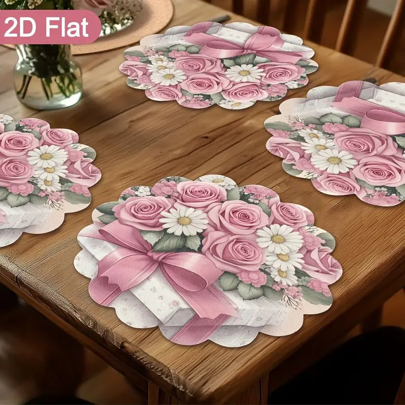 VIKAMA Floral Round Placemat Pink Rose Daisy Bow Gift Round Table Mat Heat Resistant Washable Wedding Mothers Day Dinner Table