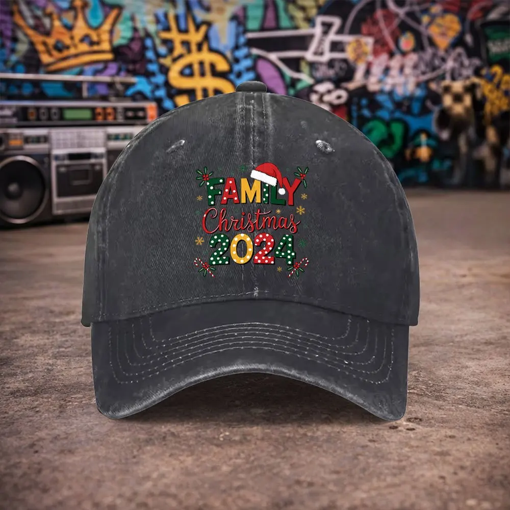 1pc Unisex Family Christmas 2024 Vintage Washed Baseball Cap - Men'S Trendy Hat - Versatile Duckbill Cap - Fun Print - Unique Bi