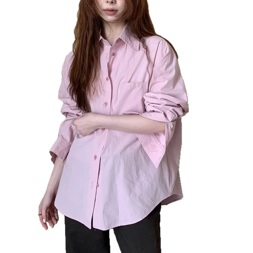 

Classic Pure Color Long Sleeve Shirt Commute Versatile Women's Style Cotton Blend Fabric Polo Collar Single Button Closure