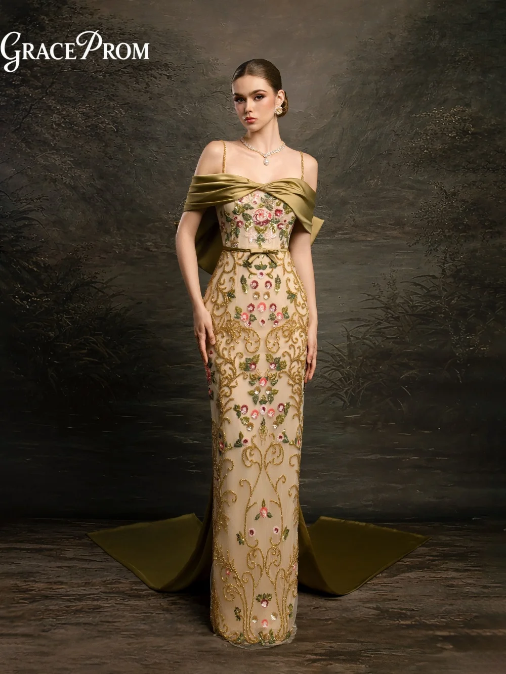 

Glamorous Floral Beaded Off Shoulder Draped Satin Party Dress 2026 Satin Bow Trail Evening Gown For Wedding Guests فساتين سهرة