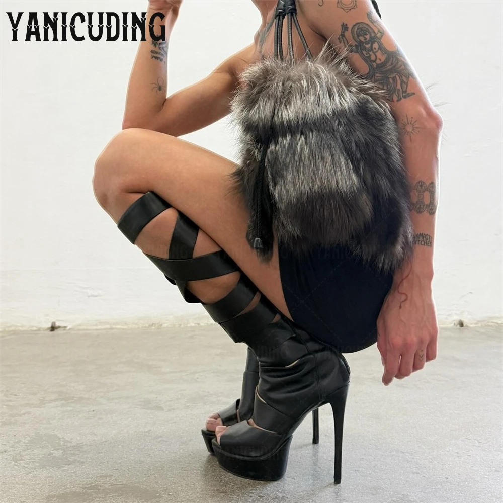 

Cut out Strap Knee High Sandal Boots Black Leather Platform Summer Boots Round Open Toe Cross Strap Women Zipper Stiletto Boots