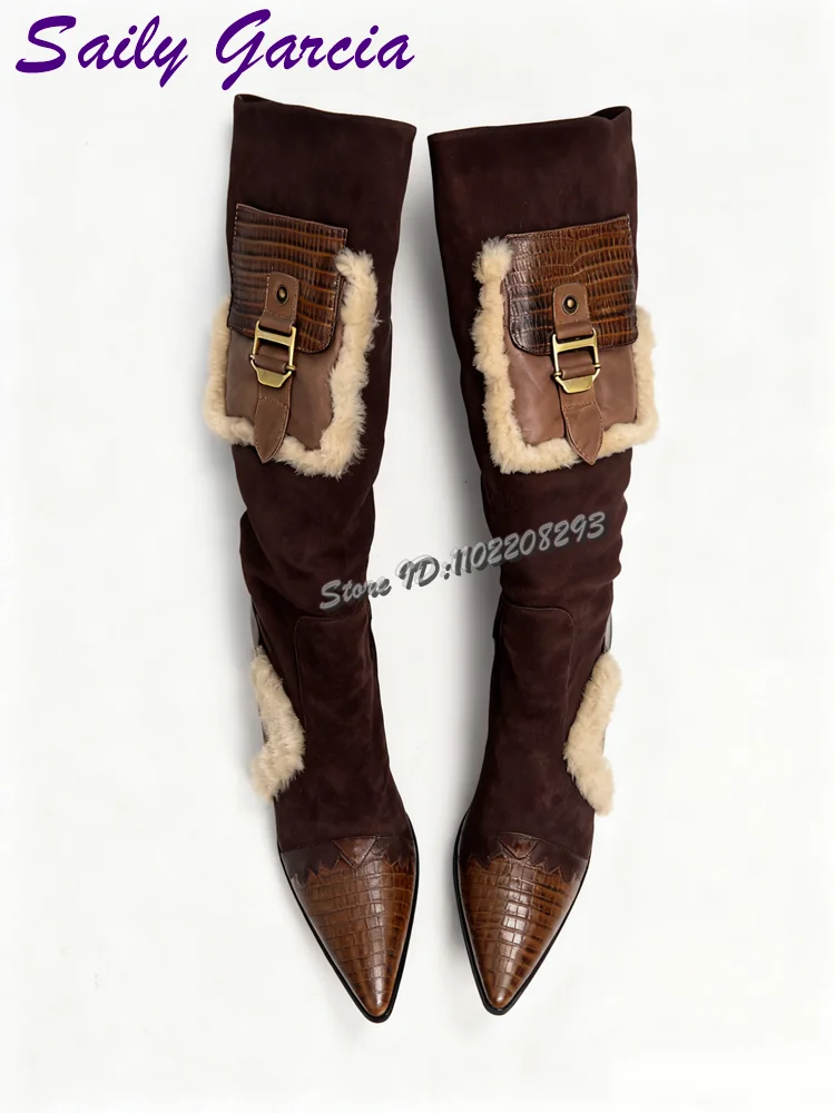 Retro Brown Pocket Knee High Boots Frosted Patchwork Pointed Slip-on High Heels Boots Fashion Women Shoes 2025 New Street Style