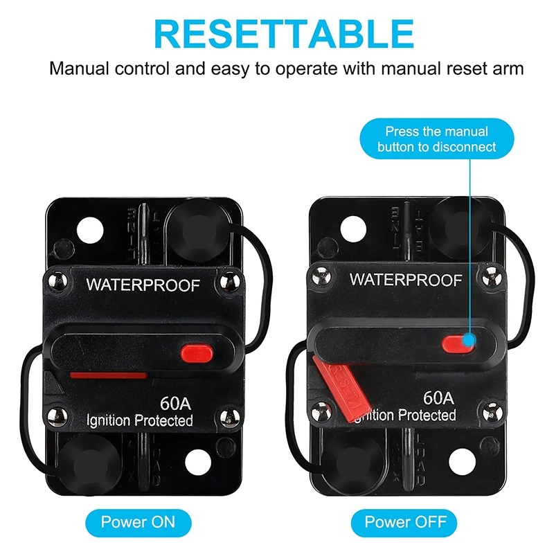 Waterproof Circuit Breaker,With Manual Reset,12V-48V DC,60A,for Car Marine Trolling Motors Boat Power Protect