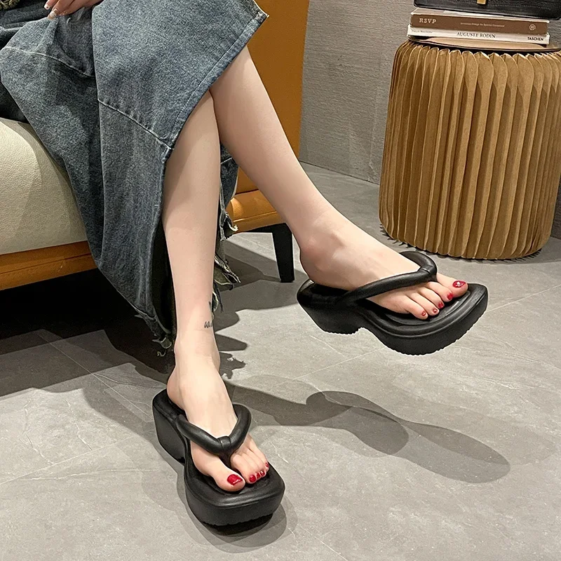 Women\'s Thick Bottom Wedges Flip Flops 2024 Summer Clip Toe Chunky Platform Sandals Woman Eva Non Slip Outdoor Slippers Slides