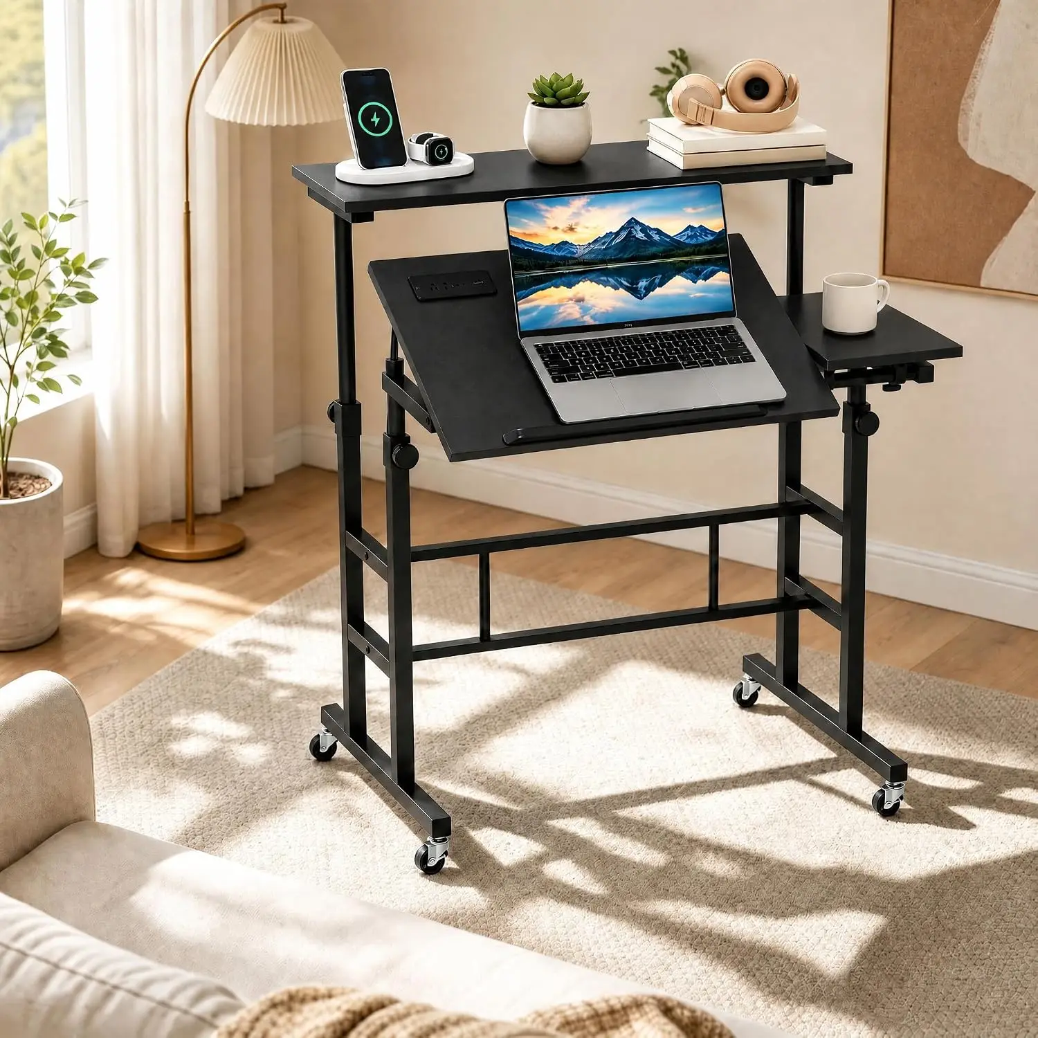 Height Adjustable Mobile Standing Desk with Power Outlets, Home Office Workstation, Rolling Laptop Table, Customized