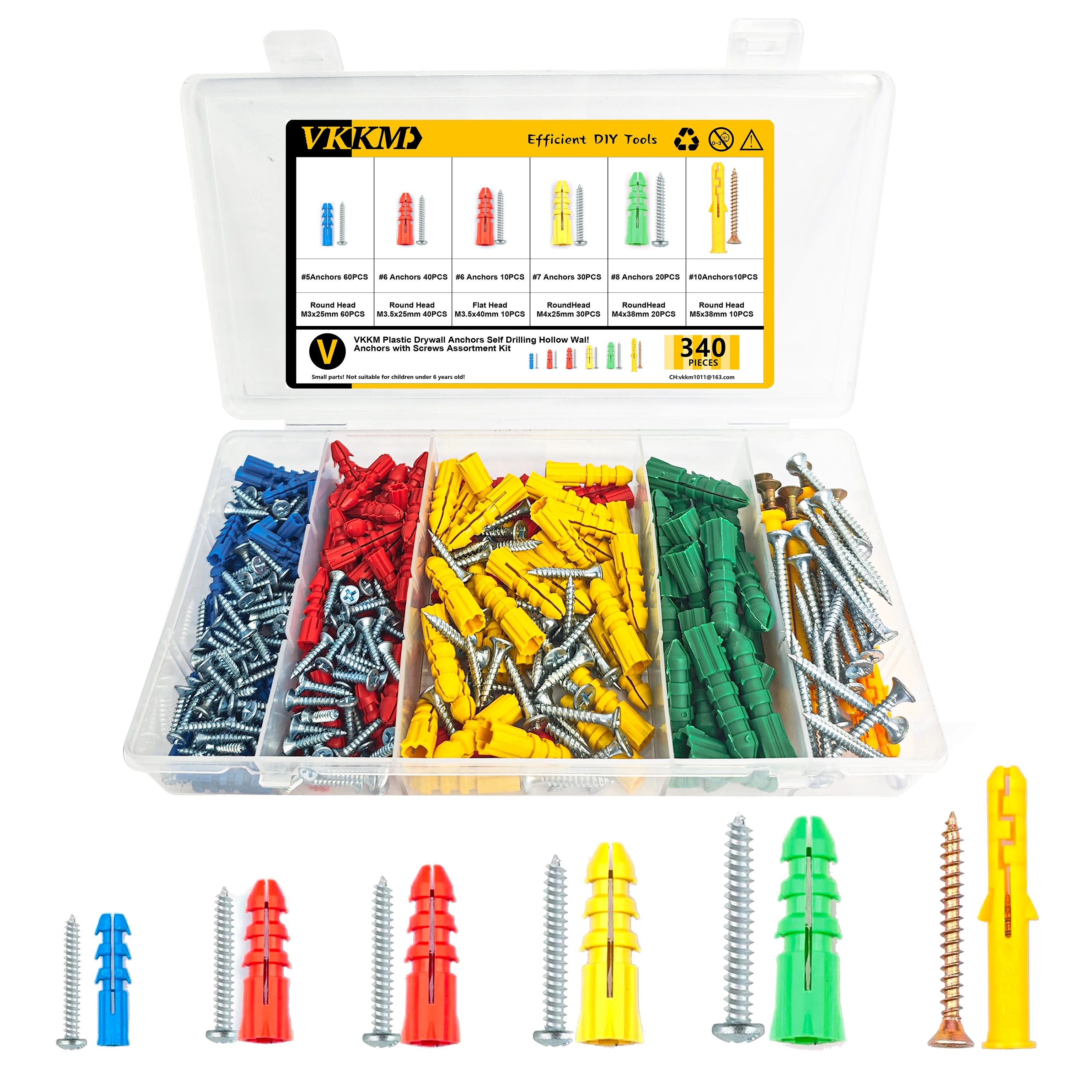 340-Piece Drywall Anchors and Screws Combo Pack - 170 Plastic Wall Anchors and 170 Screws- Organizer Box Included