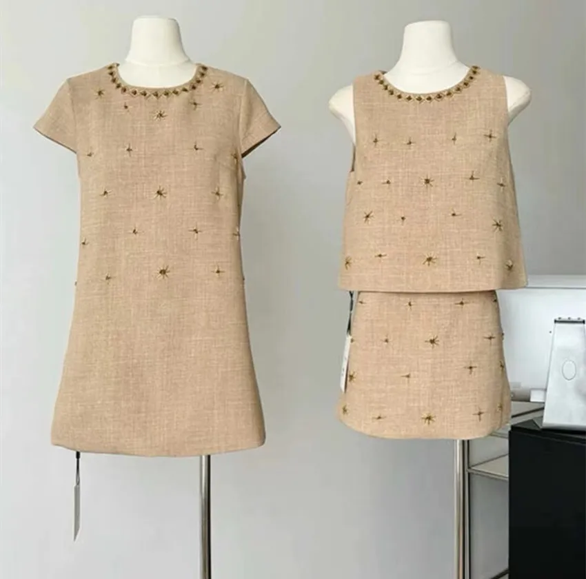 High Quality Summer Cute Manual Beading A Line Dress New Sweet Women Round Collar Short Sleeve Ramie Solid Loose Mini Vestidos