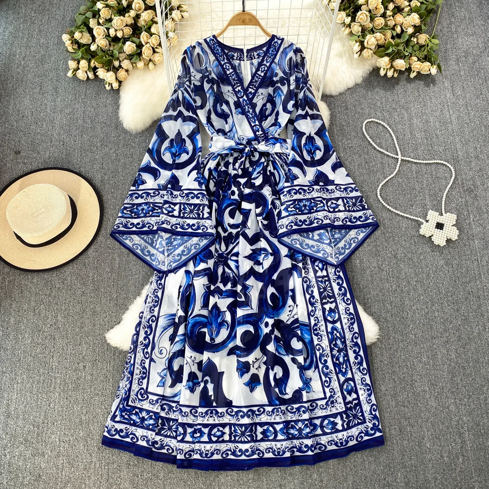 JAMERARY-Vestido largo de porcelana azul y blanca para mujer, traje bohemio de manga larga con estampado Floral, ideal para verano y otoño