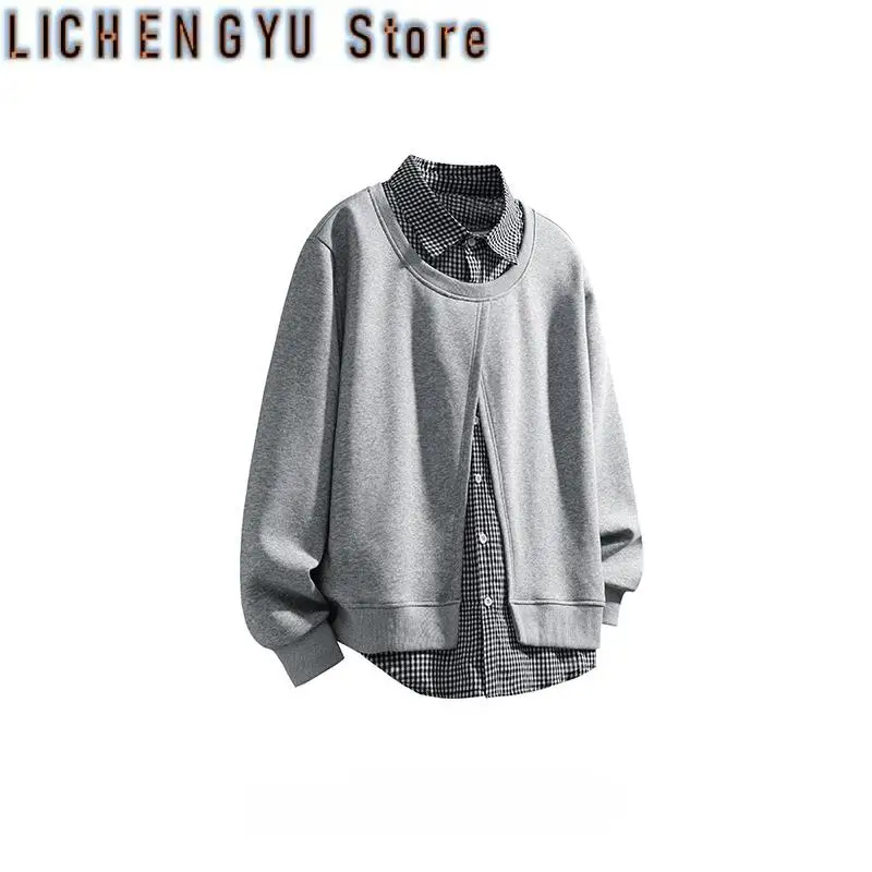 Men's Versatile and Fake Two Piece Design Fashion Korean Checked Printed Long Sleeve Sweatshirt 2025 New Autumn Solid Color Coat