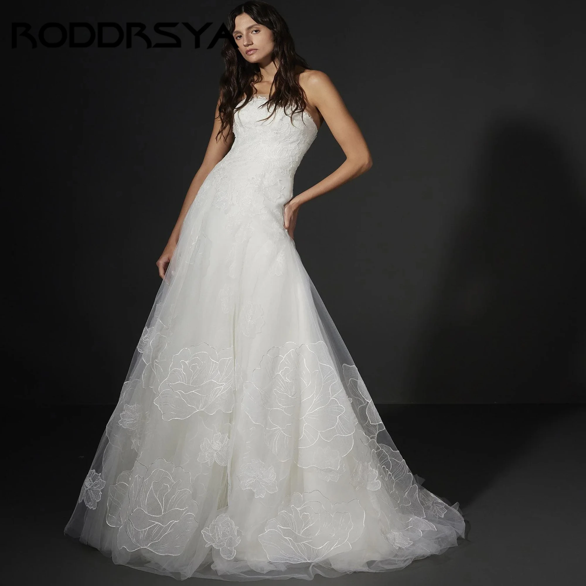 

Fit Flare Strapless Neckline In Tulle Wedding Dress Luxury Mermaid Illusion Back Wedding Gowns Applique Bride Dress Customized