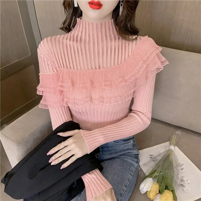 Elegant Turtleneck Hollow Out Ruffles Lace Blouse Female Clothing 2023 Autumn Winter New Casual Pullovers Sweet Shirt