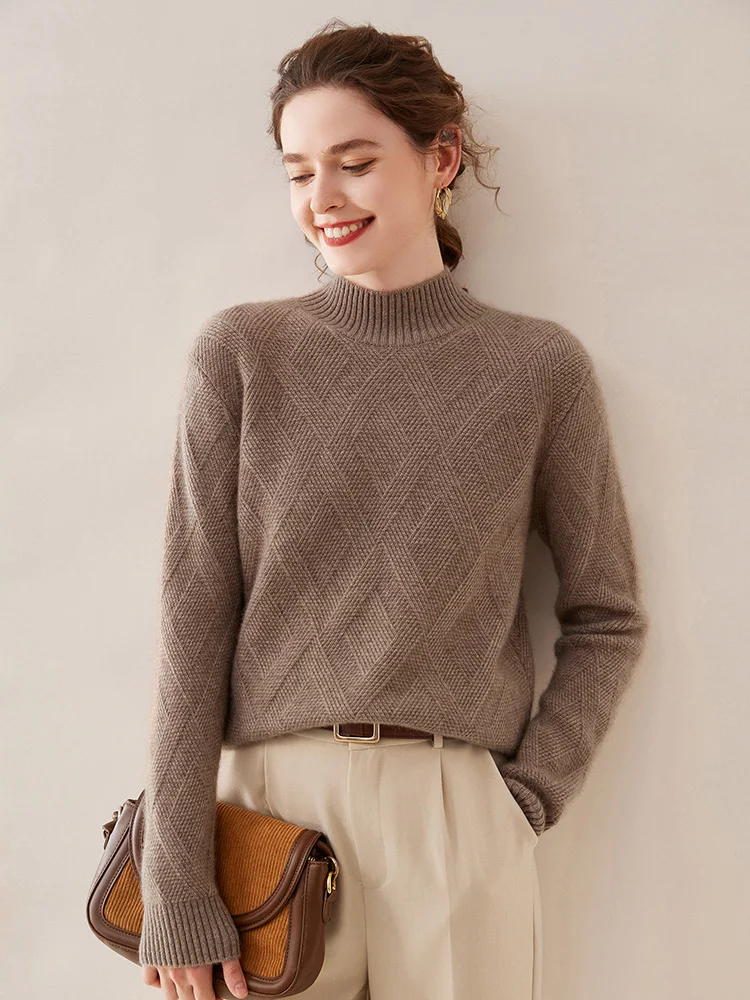 Women Cashmere Sweater Winter Thick Warm Mock Neck Pullover 100% Cashmere Knitwear Twist Argyle Basic Casual Clothing Fashion