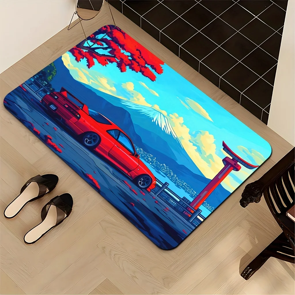 

Однослойный ультрамягкий утолщенный коврик с японским аниме-принтом и автомобильным узором, нескользящий и легко моющийся, подходит для гостиной/спальни/прихожей