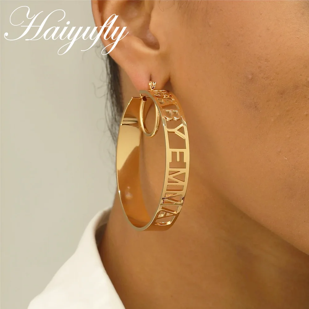 

Haiyufly Custom Name Earring for Women Stainless Steel Jewelry Mother Kids Birthday Personalized Hollow Nameplate Ear Loops Gift