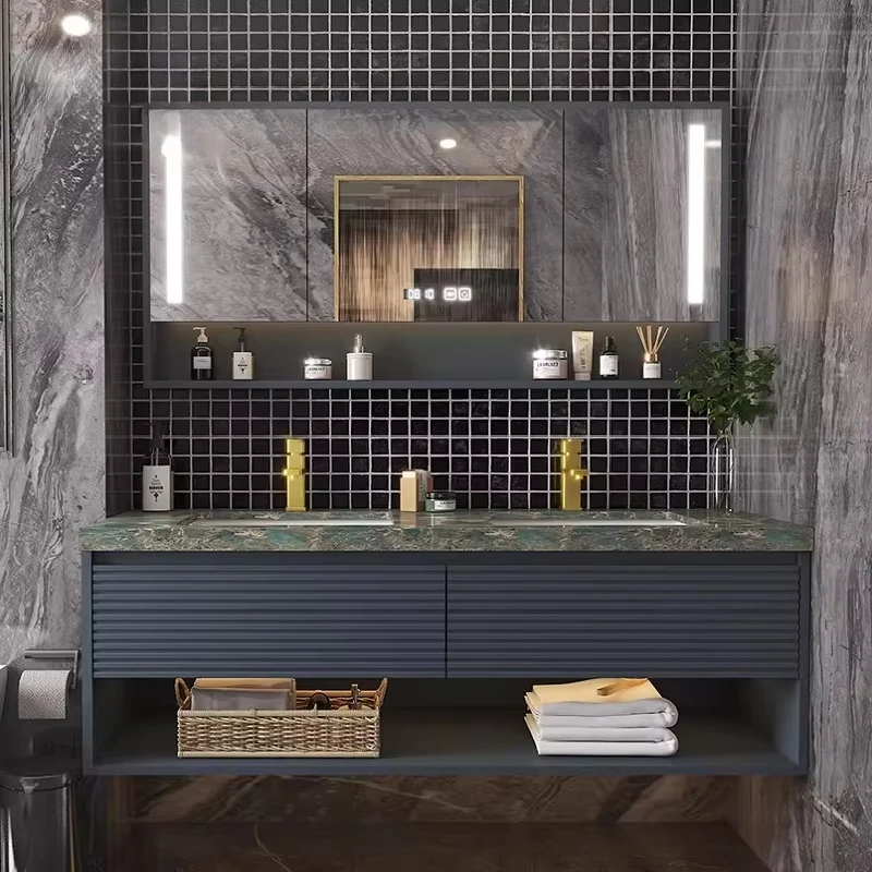 &c Modern Wall-mounted Vanity Unit for Bathroom - Grey countertop with lighting design - Includes mirror and LED lights - Dual