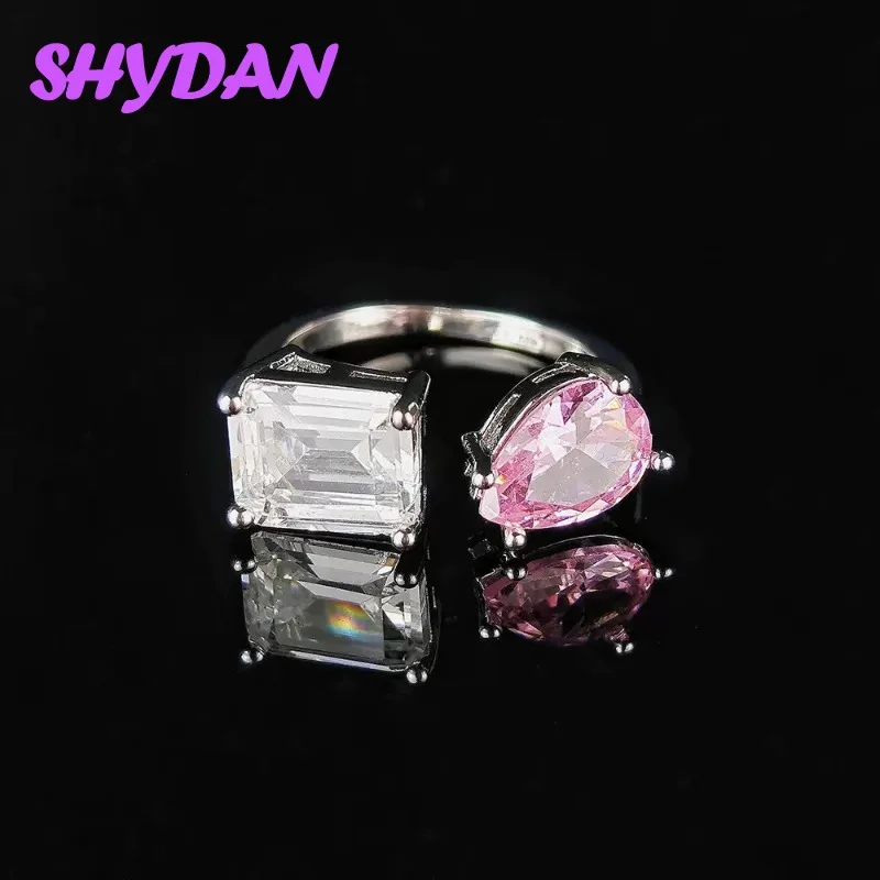 SHYDAN 925 Sterling Silver Water Drop Pink Zircon Open Adjustable Rings For Women Fashion Jewelry