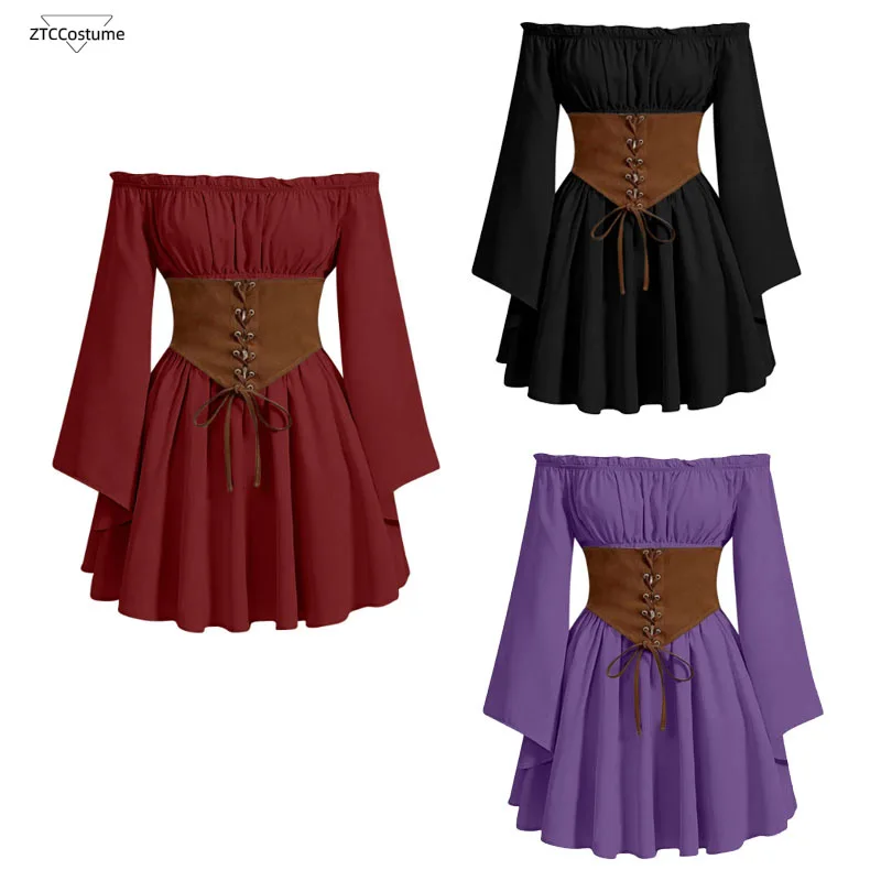 

Women Rens Faire Cosplay Off Shoulder Mini Dress Medieval Renaissance Dress with Bell Sleeves Corset Waist Pixie Dress