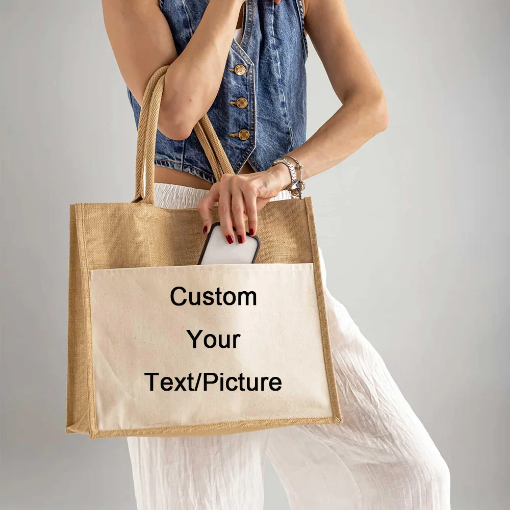 

Personalized Women's Bag Eco Friendly Natural Burlap Material Custom with Logo Text Photo for Shopping Beach
