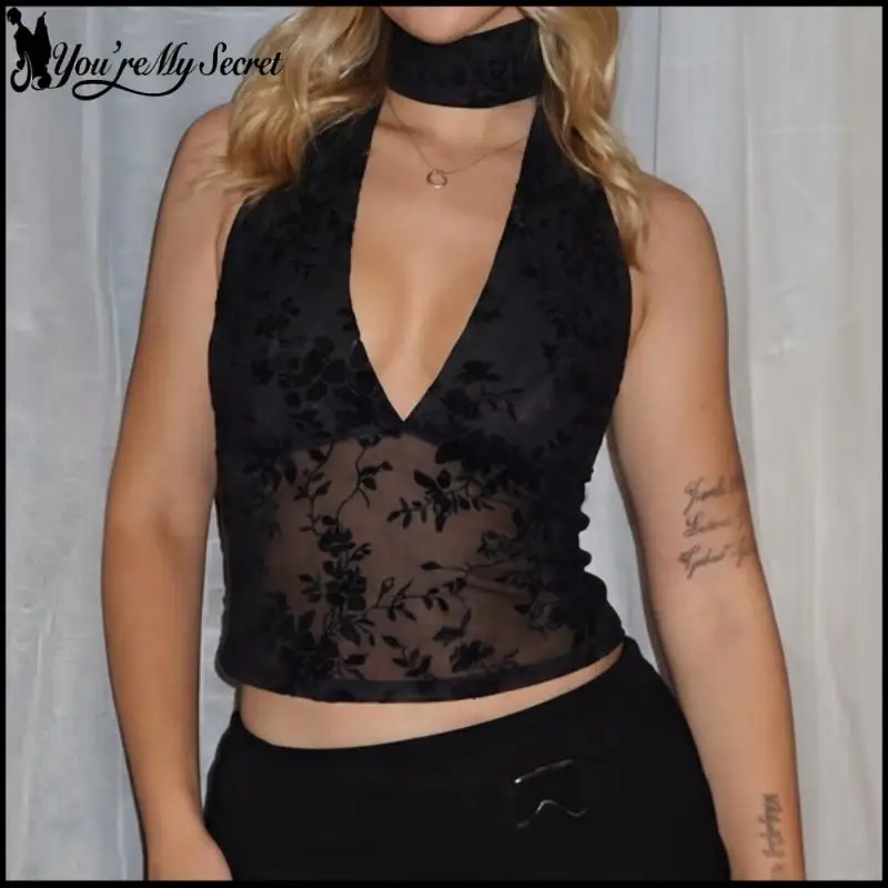 Y2K Gothic Women Halter Choker Crop Top Sexy Black Floral Mesh Deep V Neck Cross Back Tie Up Sleeveless Vest Club Party Outfits