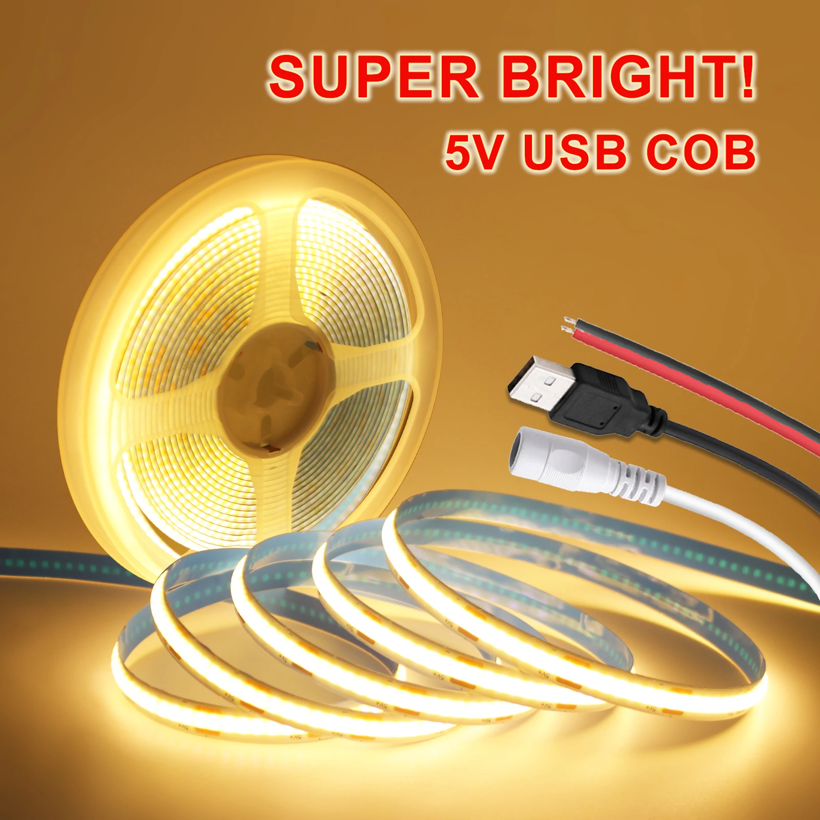 

USB 5V COB LED Strip Light 8mm Flexible LED Tape 320LEDs High Density Linear Lighting with Adhesive Tape Cabinet TV Backlight