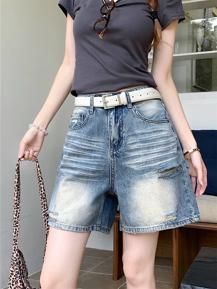 

New American style retro ripped blue jeans women's summer high waisted slimming fashion street wide leg cropped pants