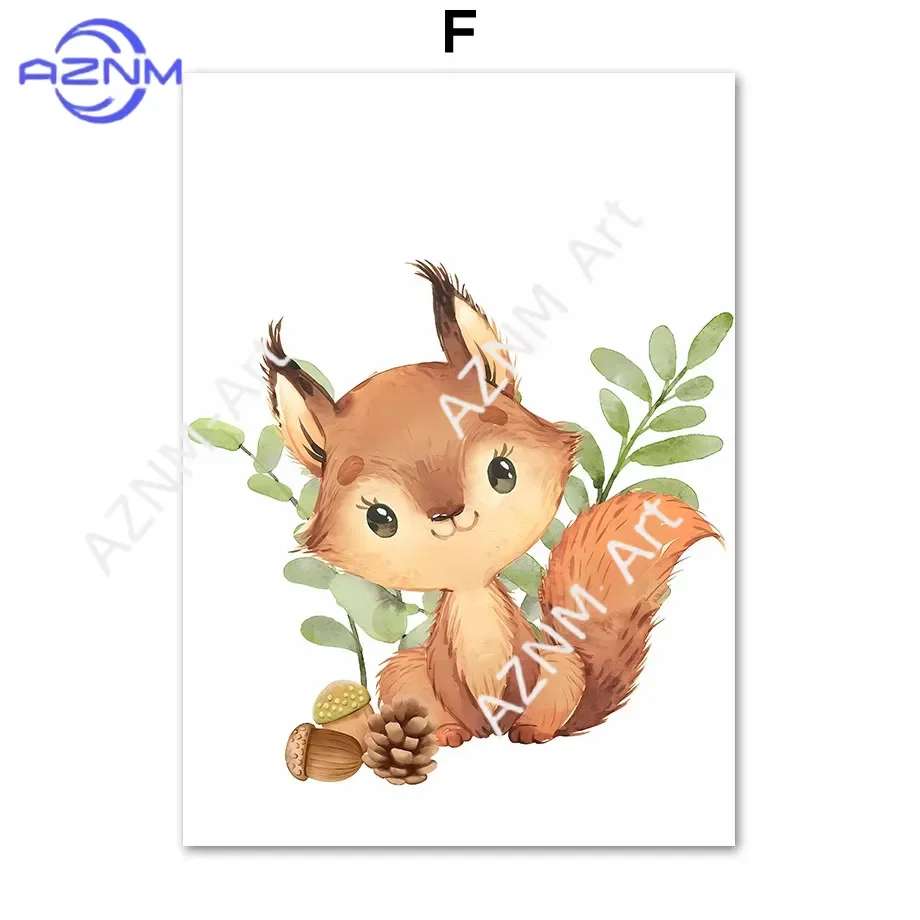 1Pc/6Pcs Bear Deer Rabbit Fox Squirrel Raccoon Owl Animals Posters Wall Art Prints Canvas Painting Baby Kids Room Nursery Dec