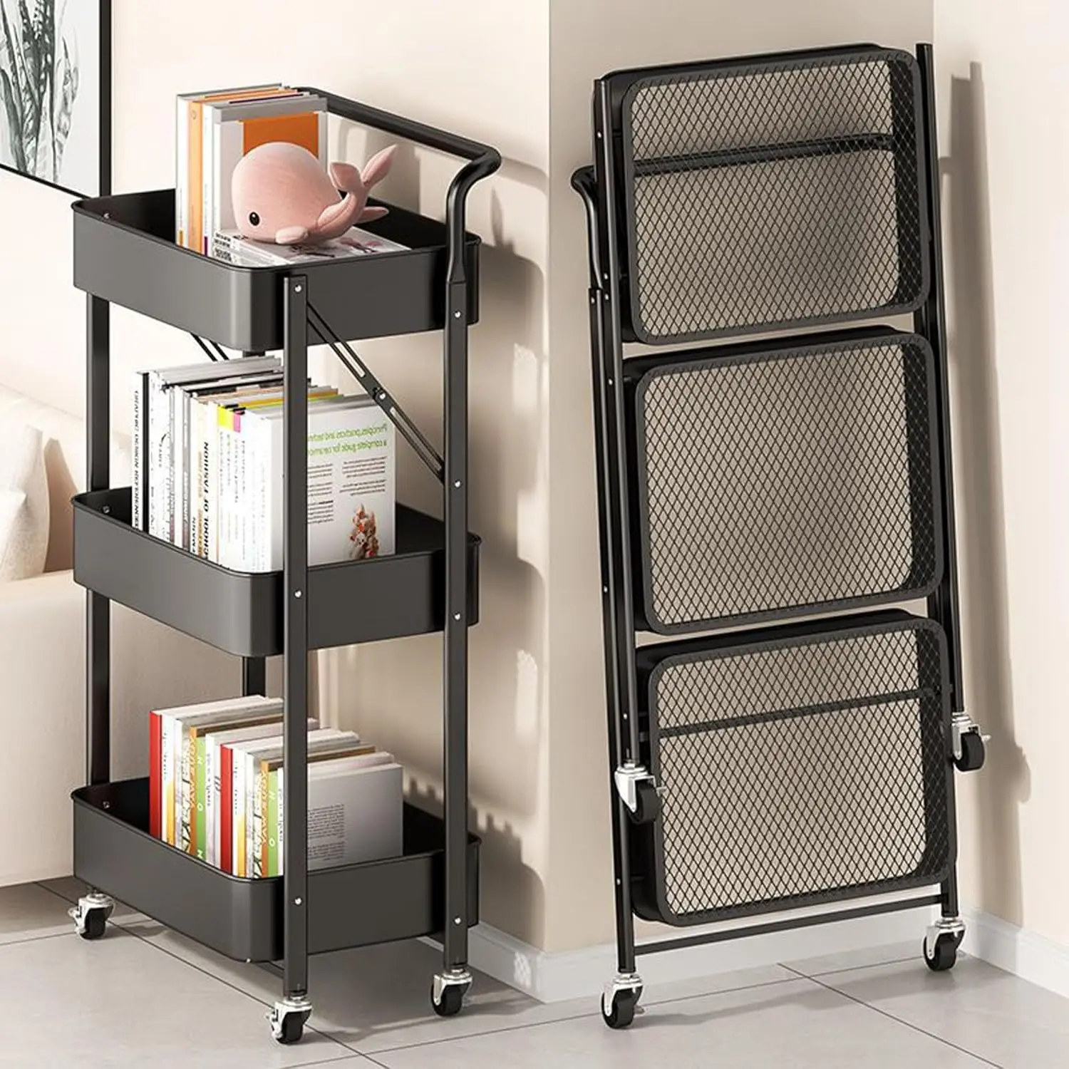 

Foldable Metal Storage Cart Rolling Baskets with Wheels, No Assembly, Metal Wire Market Basket Storage Organizer Stackab