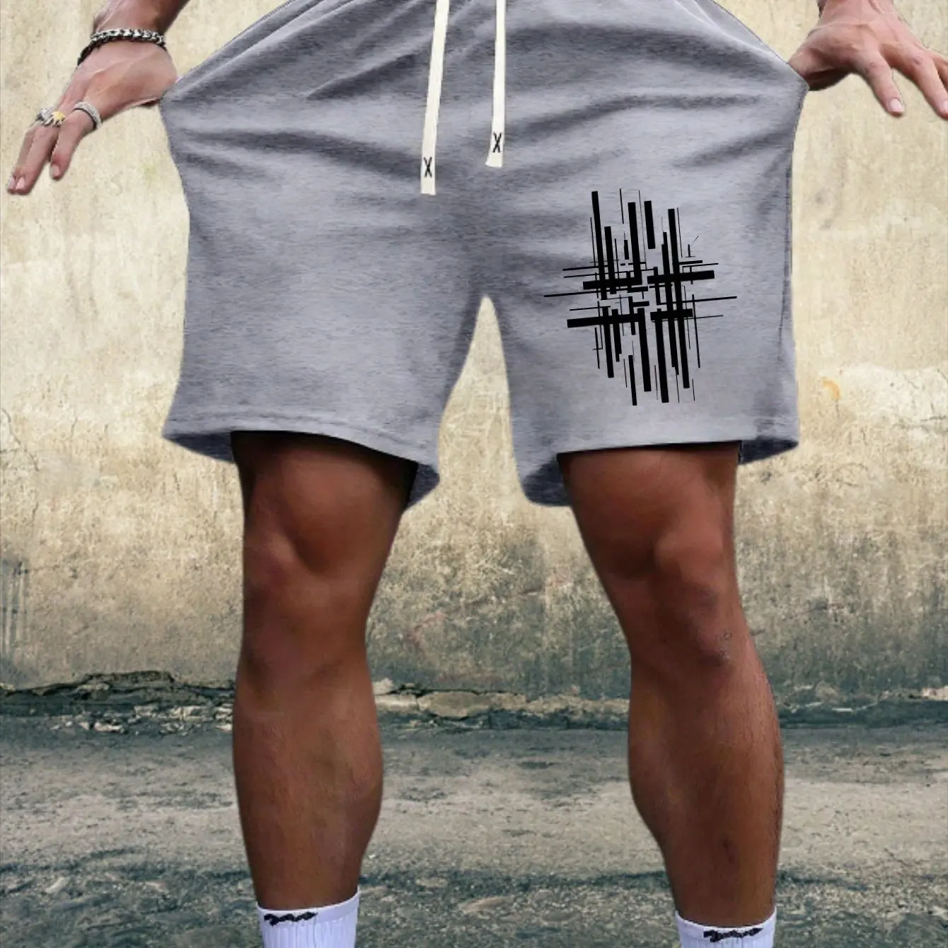 Abstract geometric line printed men's shorts, summer casual home outdoor jogging breathable quick drying printed bottom pants