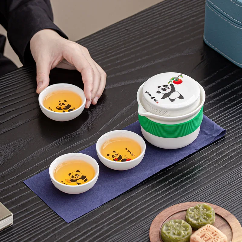 Creative Panda Mutton Fat Jade White Porcelain Travel Tea Set Outdoor Small Gaiwan Bowl Set Portable Quick Cup Business New Gift