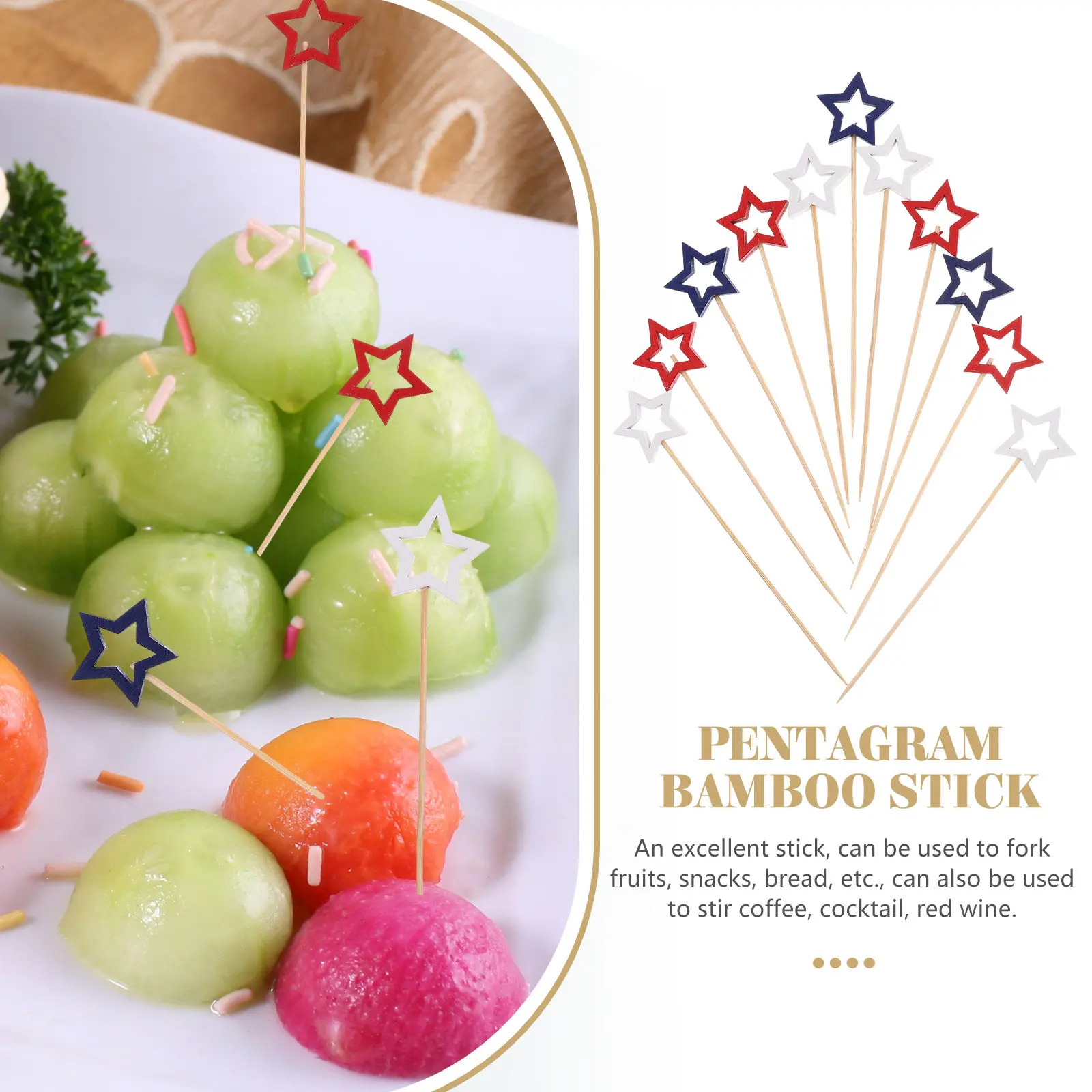 60Pcs Smooth Texture Bamboo Fruit Skewers Star Topper Design Disposable Cocktail Picks for Memorial Day Veteran's Day Party