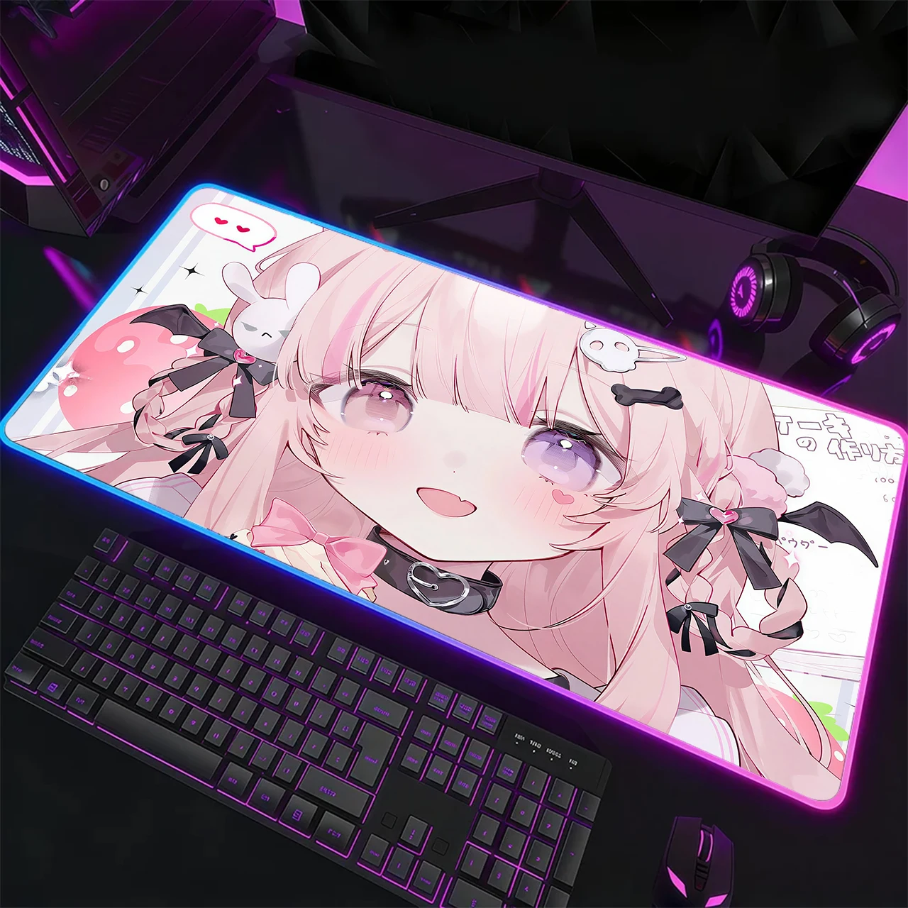 RGB Gaming Mouse Pad, XXL LED Desk Mat, Glowing Edge, Anti-slip Base, Pink Hair Anime Girl Bat Bow Cute Print Table Mat