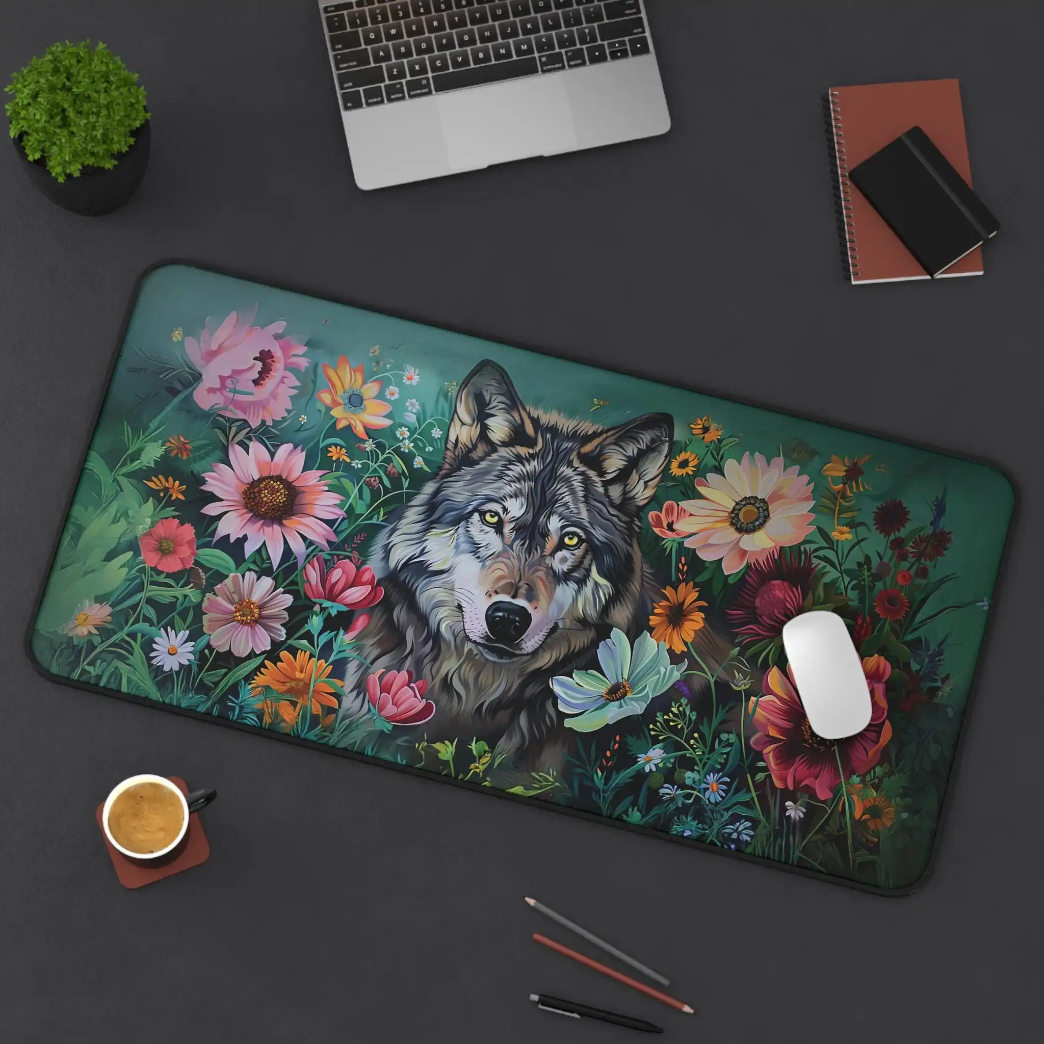 

Wolf Pattern Desk Mat, Floral Puppy Office Decor, Gift for Animal Lovers, Desktop Decoration, Gamer Mat Kawaii Desk Pad