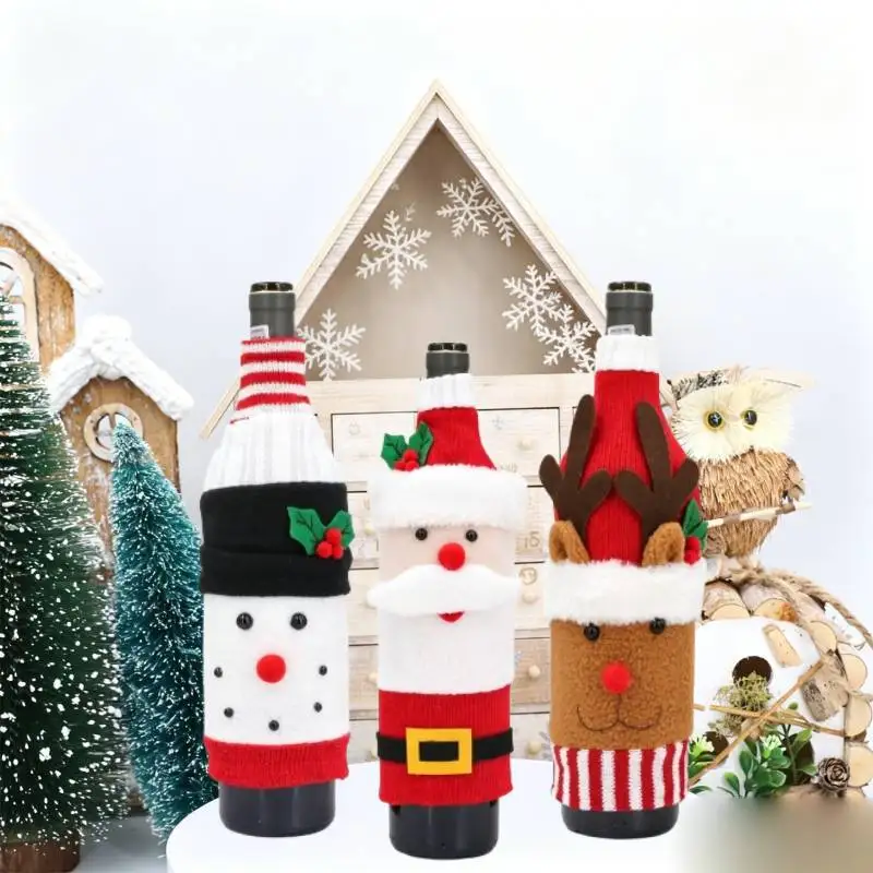 Santa Snowman Reindeer Style Holiday Parties Bottle Jackets Christmas Bottle Covers Knit Hat Scarf and Plush Beard Bottle Decor