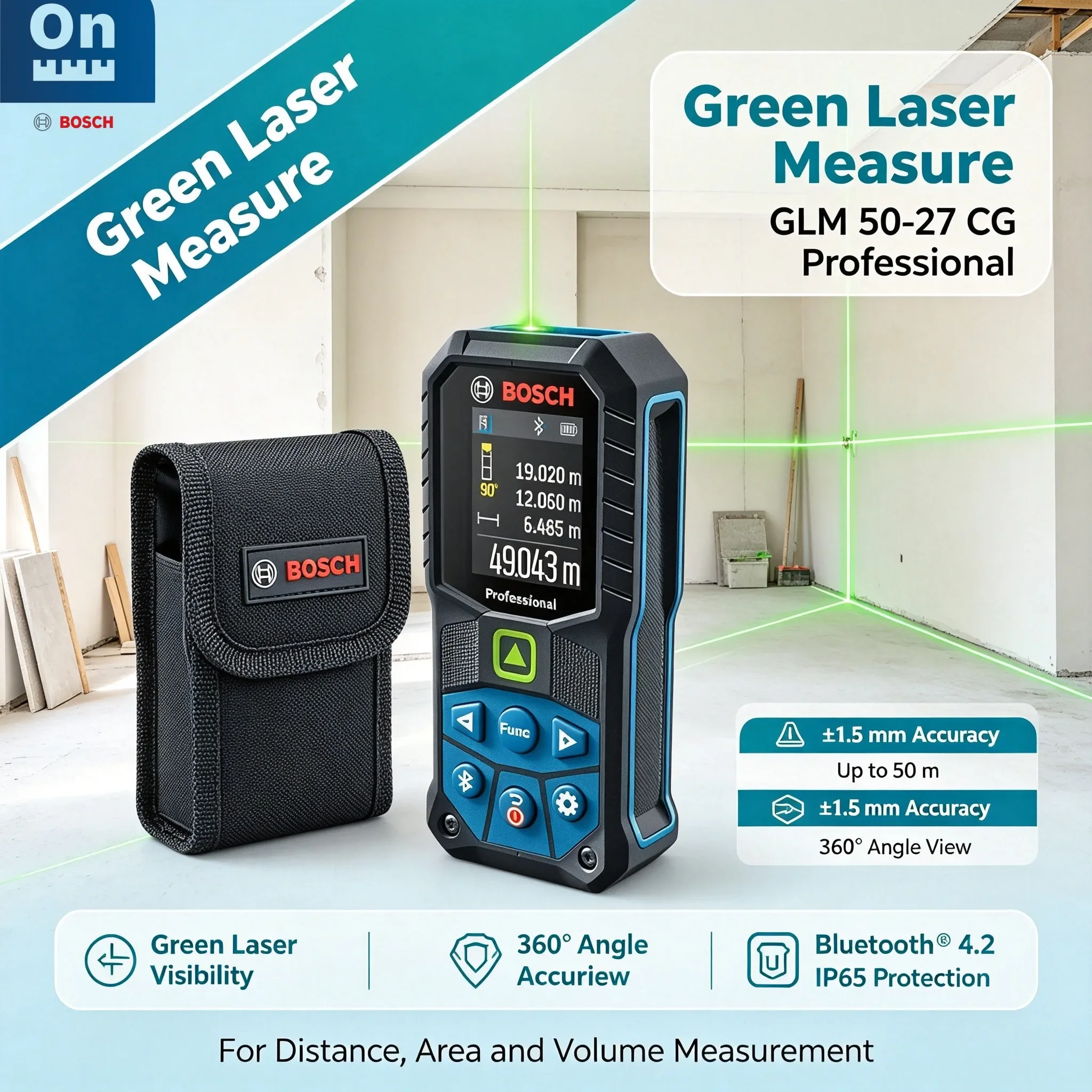 Bosch GLM 50-27 CG Green Beam Laser Meter, Compact & Shockproof, Perfect for Accurate Measurements in Bright Environments