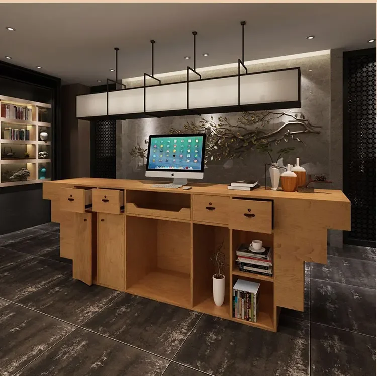 X-S Checkout page Solid wood retro counter restaurant Milk tea shop Barber shop, beauty salon Small Chinese reception front desk
