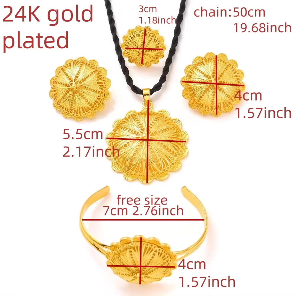 24K Gold Plated Fashion Ethiopian Earrings/Big Pendant/Ring/Bangle Jewelry Sets Gold Plate Africa Bride Wedding Eritrea Set Gift