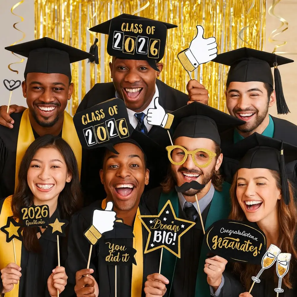 

25pcs Black Golden Graduation Photo Props Congratulation Class of 2026 Graduation Cake Topper Mustache Lips Bachelor Cap