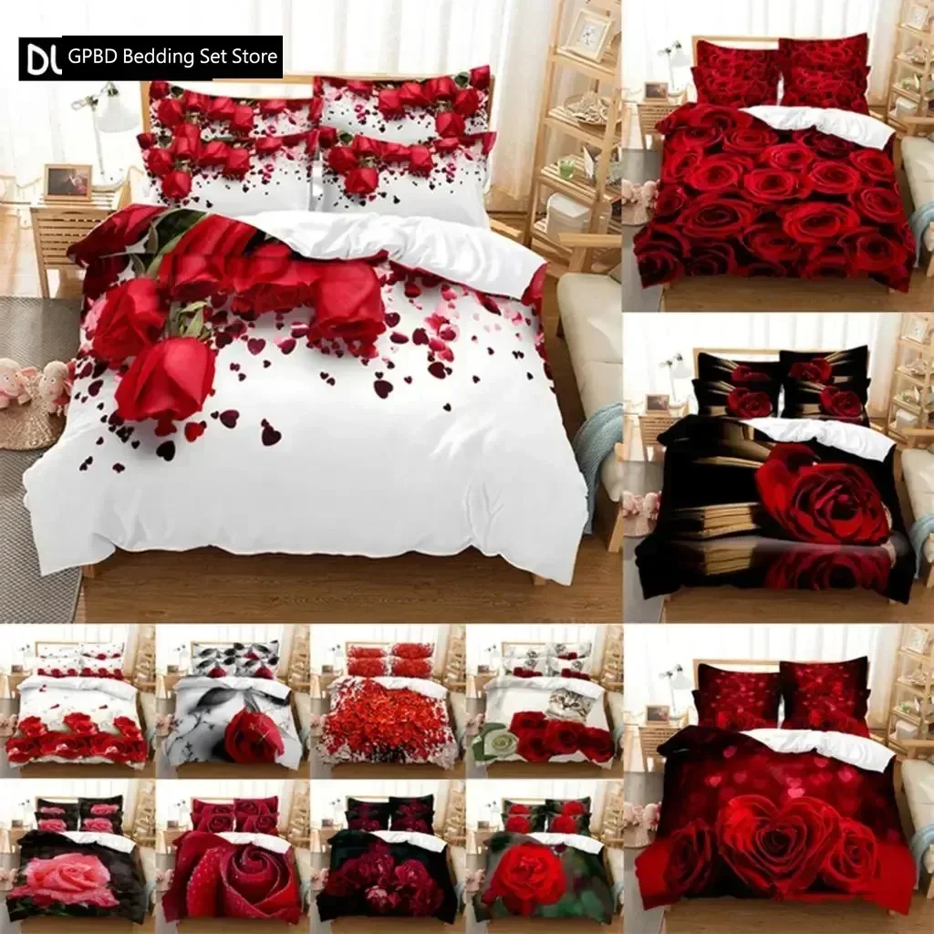 Red Rose Bedding Set Quilt Duvet Cover Comforter Pillow Case 3D HD Double Full King Queen Twin Single 3PCS 2PCS Bedroom Flower