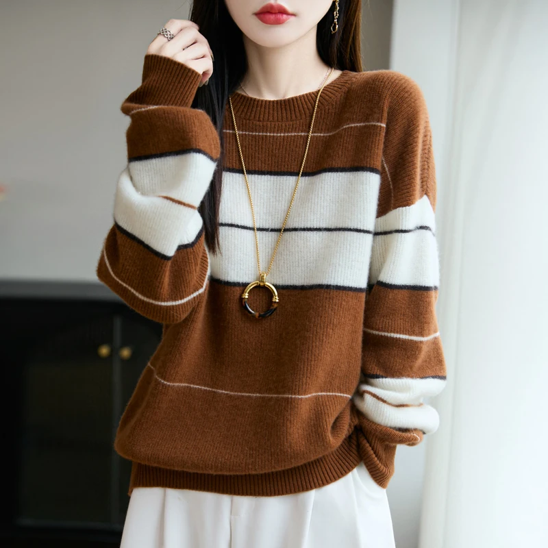 

Heavy duty double stranded thick wool sweater for women, round neck base sweater, contrasting long sleeved pullover, inner layer